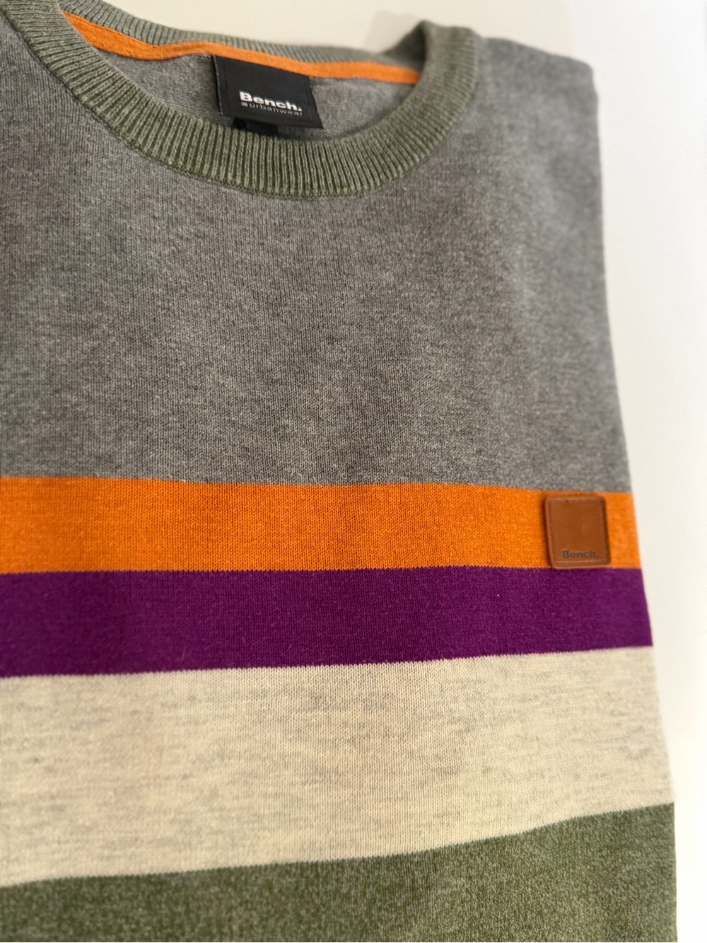 Bench Gray Crewneck Sweater with Orange, Purple & Olive Stripes